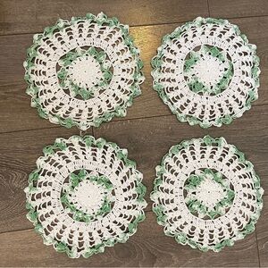 Vintage Handmade Crochet Doilies in White and Green